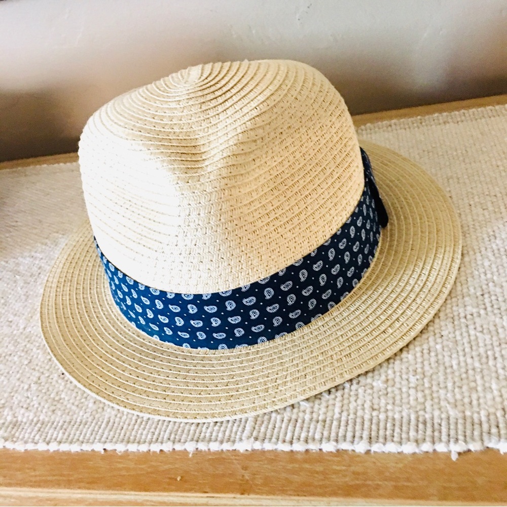 J Crew straw sun hat tan blue boho beach preppy summer bohemian - Picture 4 of 7
